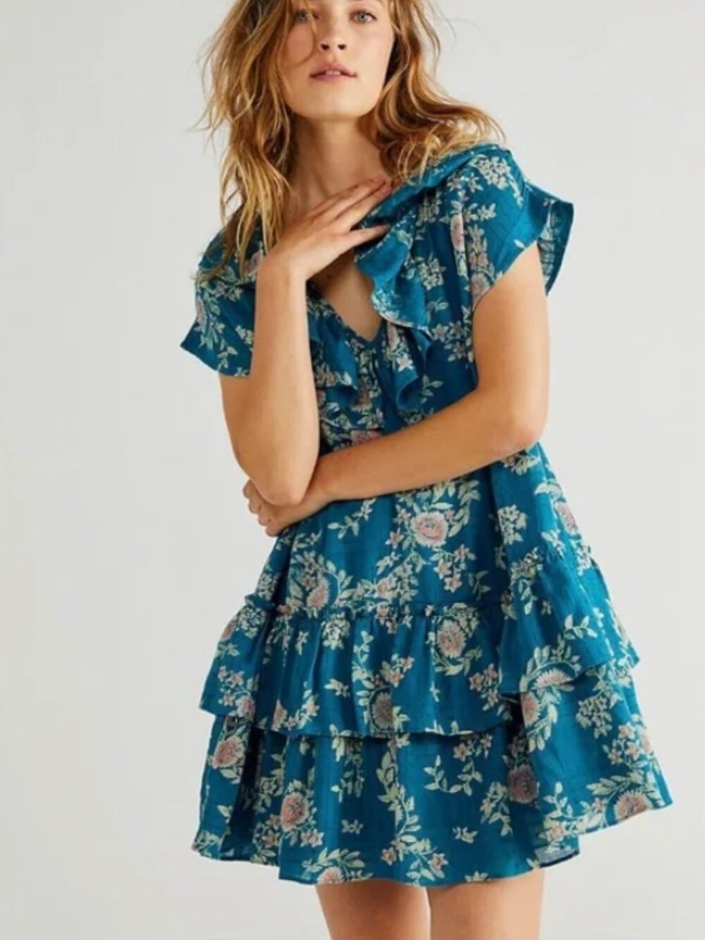 NWT FREE PEOPLE Sea Combo (Teal) Luna V-Neck Tiered Floral Mini Dress sz XS